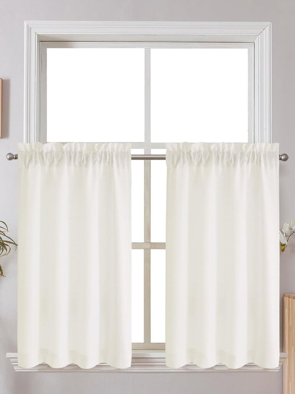 Short Curtains 36 Inch Length, Faux Linen, Cream, 2 PCS
